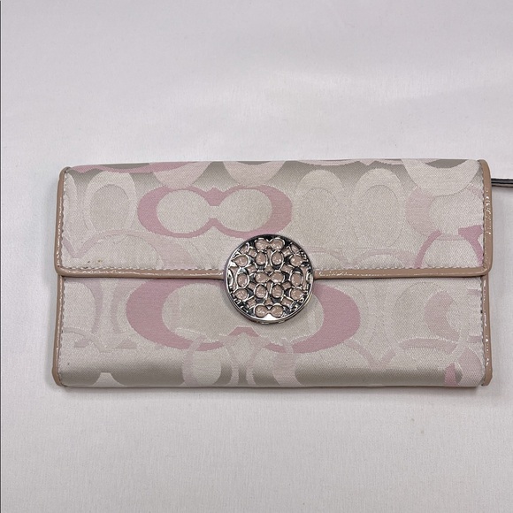 Coach Long Signature Canvas and Leather Beige/Pink Wallet - Picture 1 of 16